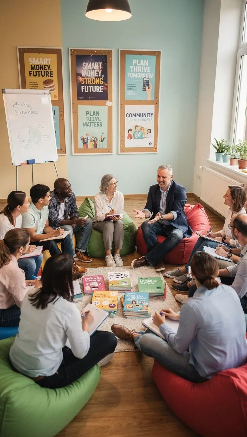 Inspiráló idézetekkel díszített asztali környezet a pénzügyi tervezéshez.